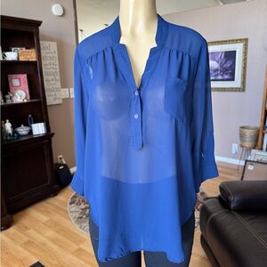 DNA Couture sheer navy blue 3/4 roll tab sleeves Vneck blouse-size L